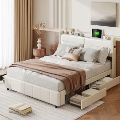 Simple Life Lit Coffre 160x200cm avec 4 tiroirs et USB et Type-C, Lit Double avec Sommier à Lattes, PU Sale