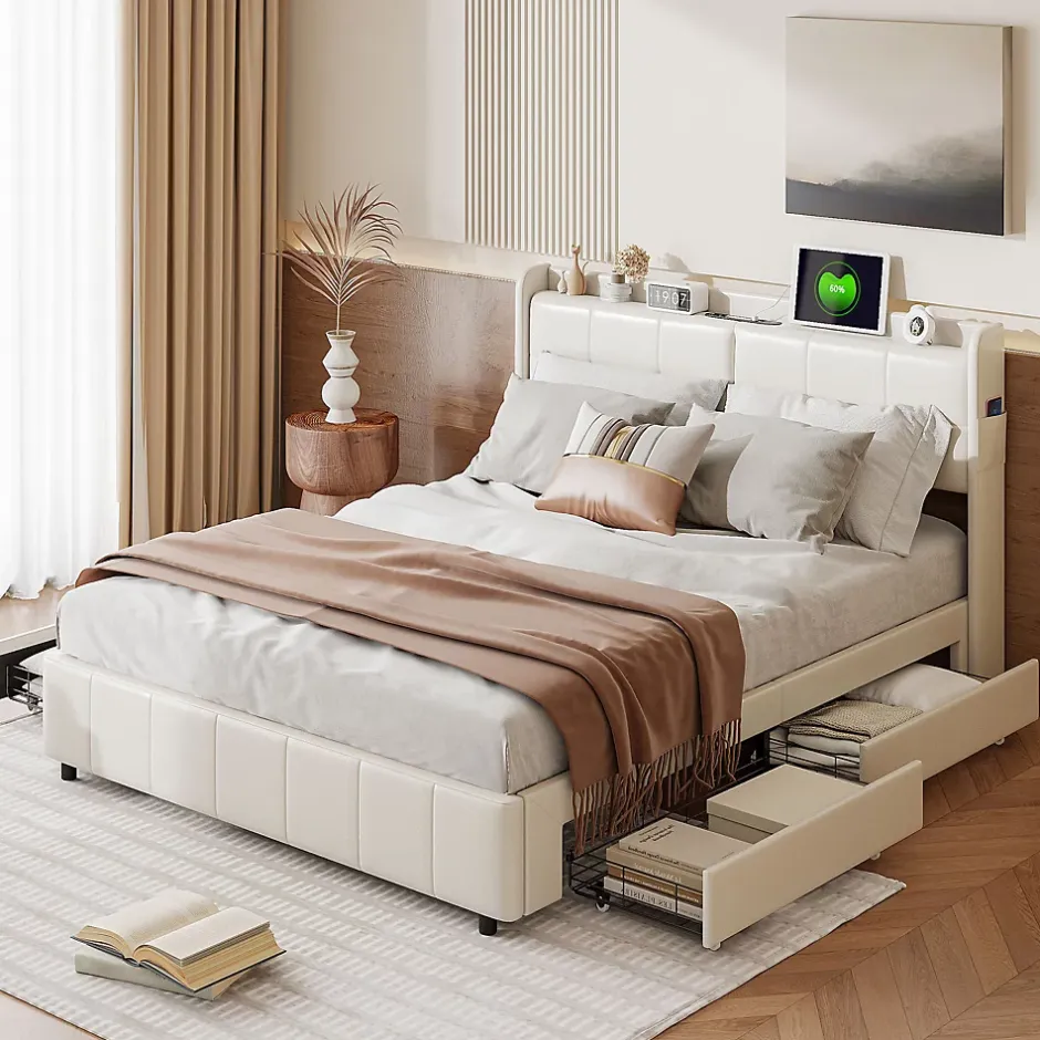 Simple Life Lit Coffre 160x200cm avec 4 tiroirs et USB et Type-C, Lit Double avec Sommier à Lattes, PU Sale