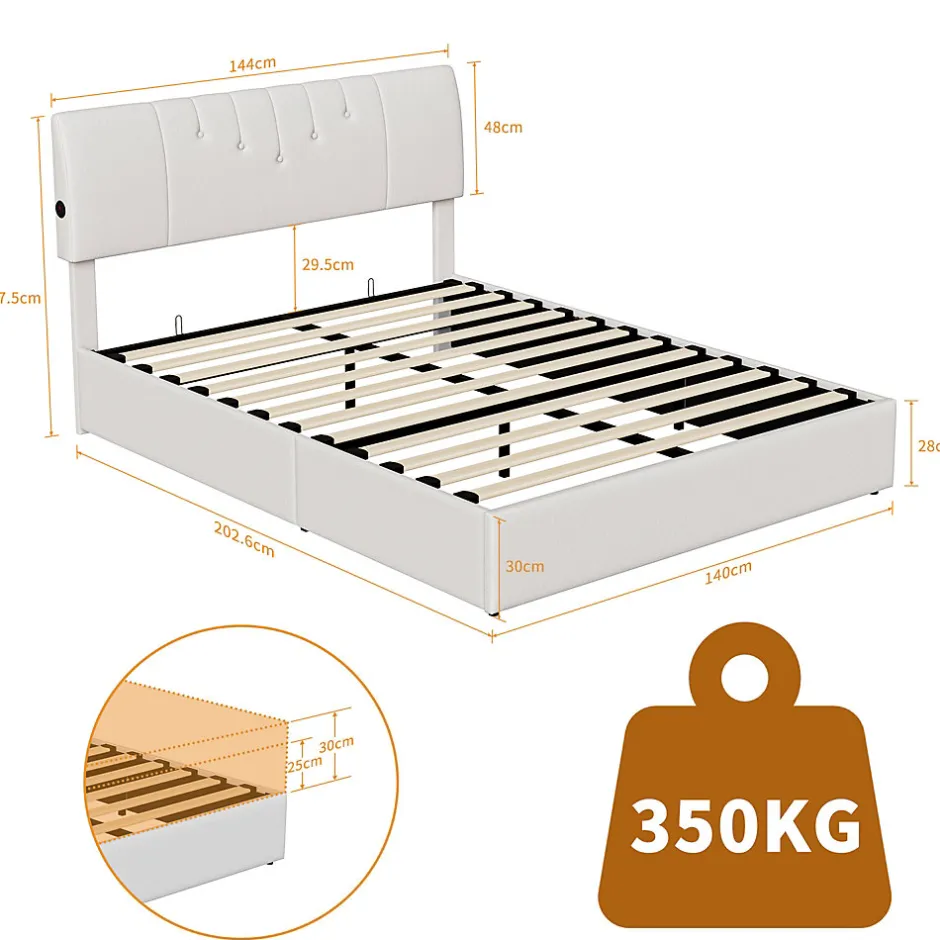 Fortuna lai Lit coffre 140x190cm avec compartiments de rangement et prise électrique ,tête de lit réglable