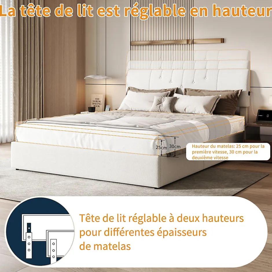 Fortuna lai Lit coffre 140x190cm avec compartiments de rangement et prise électrique ,tête de lit réglable