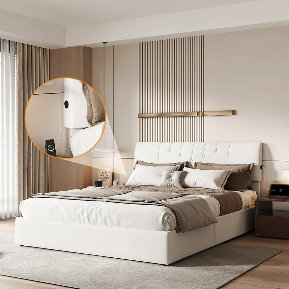Fortuna lai Lit coffre 140x190cm avec compartiments de rangement et prise électrique ,tête de lit réglable