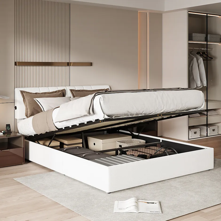 Fortuna lai Lit coffre 140x190cm avec compartiments de rangement et prise électrique ,tête de lit réglable