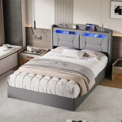 Fortuna lai Lit coffre 140x200cm avec LED et ports USB, tête de lit rembourrée et espace de rangement, gris, lin