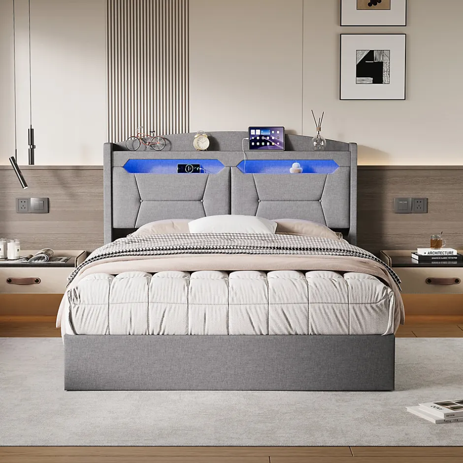 Fortuna lai Lit coffre 140x200cm avec LED et ports USB, tête de lit rembourrée et espace de rangement, gris, lin