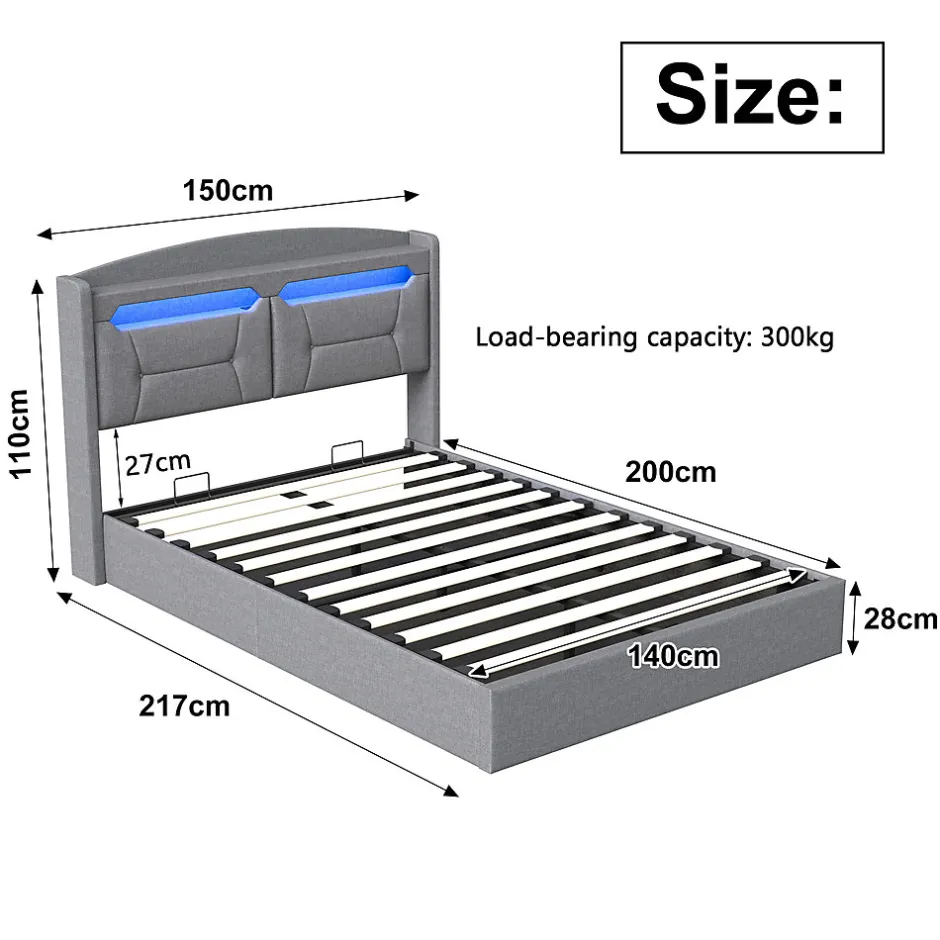 Fortuna lai Lit coffre 140x200cm avec LED et ports USB, tête de lit rembourrée et espace de rangement, gris, lin