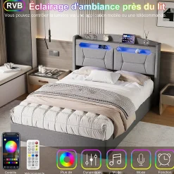 Fortuna lai Lit coffre 140x200cm avec LED et ports USB, tête de lit rembourrée et espace de rangement, gris, lin