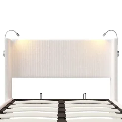 Fortuna lai Lit Coffre 140x200cm avec LED et USB, Cadre de lit capitonné en Velours côtelé, lit 2 Personnes avec sommier,scandinave Blanc Best