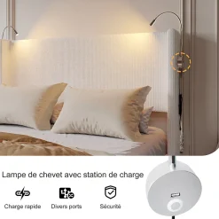 Fortuna lai Lit Coffre 140x200cm avec LED et USB, Cadre de lit capitonné en Velours côtelé, lit 2 Personnes avec sommier,scandinave Blanc Best