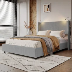Fortuna lai Lit Coffre 140X200cm avec LED et USB, Cadre de lit capitonné en Velours cotelé,gris