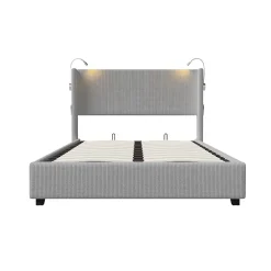 Fortuna lai Lit Coffre 140X200cm avec LED et USB, Cadre de lit capitonné en Velours cotelé,gris