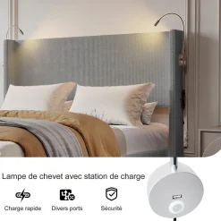 Fortuna lai Lit Coffre 140X200cm avec LED et USB, Cadre de lit capitonné en Velours cotelé,gris