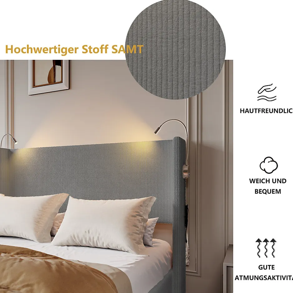 Fortuna lai Lit Coffre 140X200cm avec LED et USB, Cadre de lit capitonné en Velours cotelé,gris