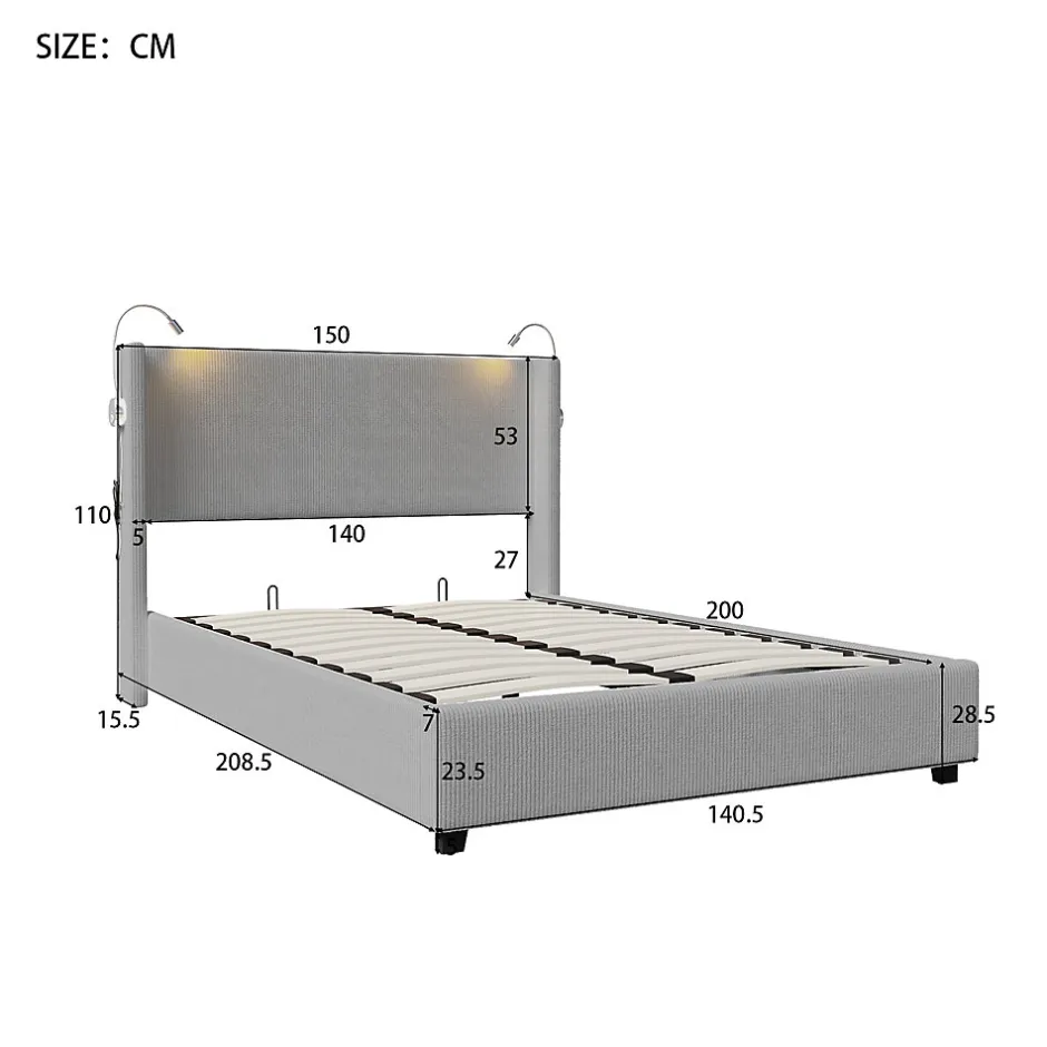 Fortuna lai Lit Coffre 140X200cm avec LED et USB, Cadre de lit capitonné en Velours cotelé,gris