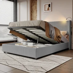 Fortuna lai Lit Coffre 140X200cm avec LED et USB, Cadre de lit capitonné en Velours cotelé,gris