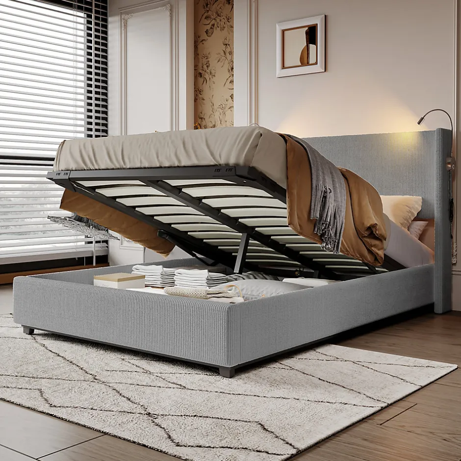 Fortuna lai Lit Coffre 140X200cm avec LED et USB, Cadre de lit capitonné en Velours cotelé,gris