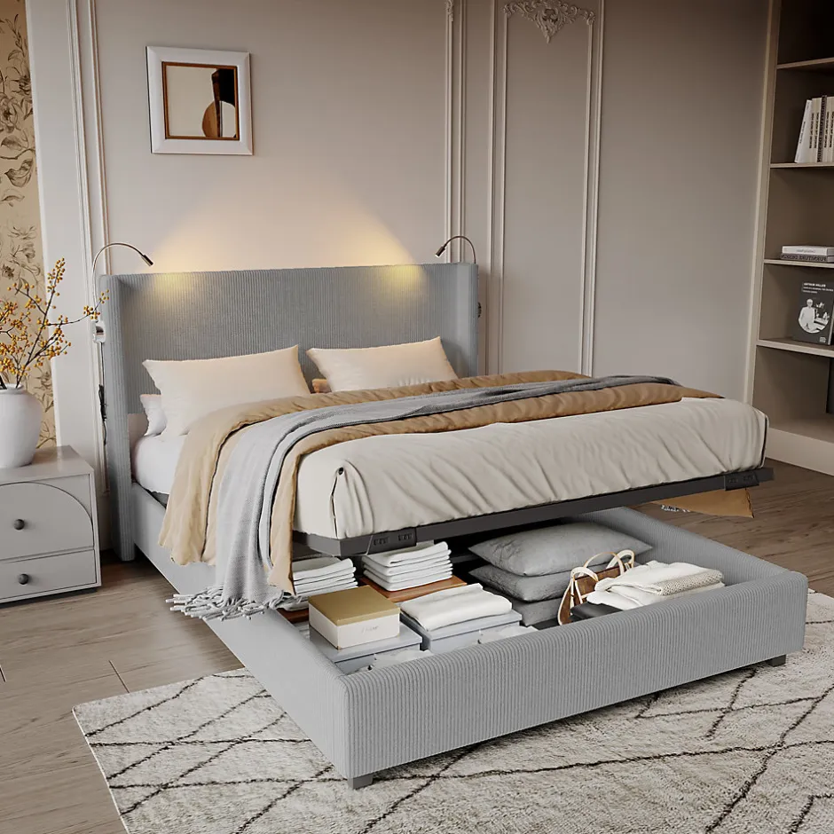Fortuna lai Lit Coffre 140X200cm avec LED et USB, Cadre de lit capitonné en Velours cotelé,gris