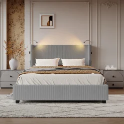 Fortuna lai Lit Coffre 140X200cm avec LED et USB, Cadre de lit capitonné en Velours cotelé,gris