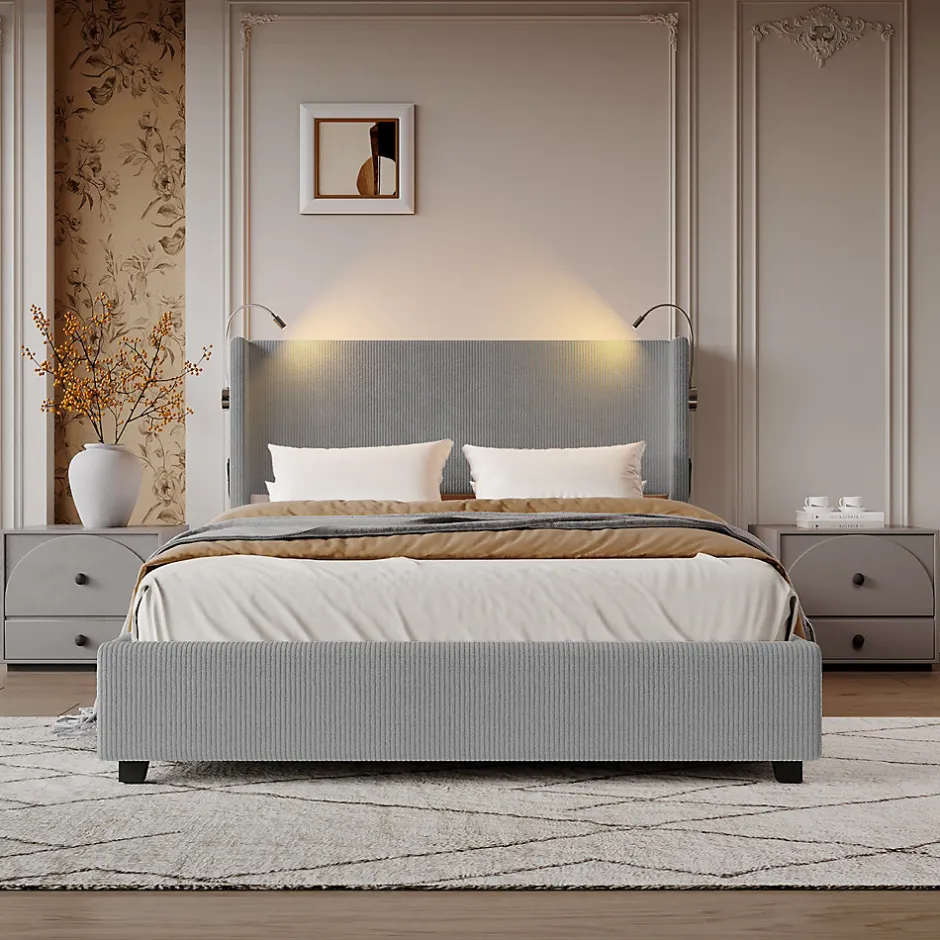 Fortuna lai Lit Coffre 140X200cm avec LED et USB, Cadre de lit capitonné en Velours cotelé,gris