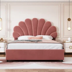 ProximaX Lit coffre 140x200cm, avec sommier à lattes et tête de lit fleurie, réglable en hauteur, tissu velours, rouge haricot Outlet