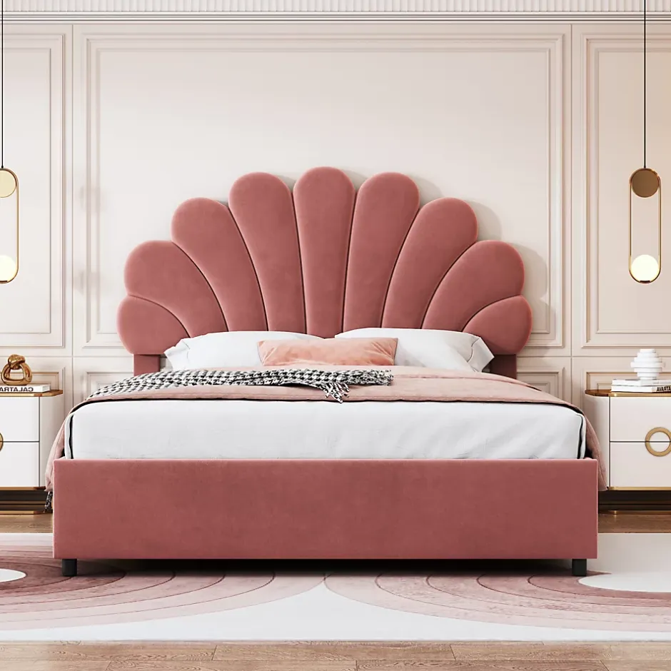ProximaX Lit coffre 140x200cm, avec sommier à lattes et tête de lit fleurie, réglable en hauteur, tissu velours, rouge haricot Outlet