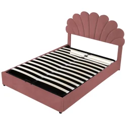 ProximaX Lit coffre 140x200cm, avec sommier à lattes et tête de lit fleurie, réglable en hauteur, tissu velours, rouge haricot Outlet