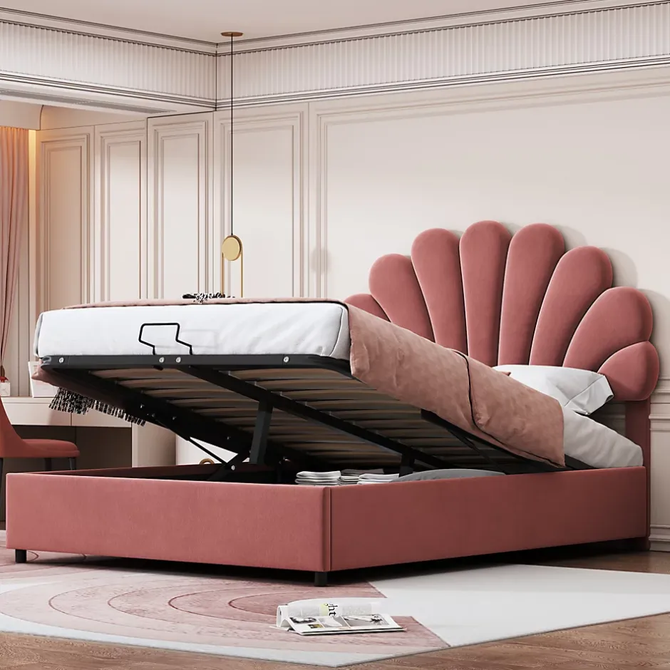 ProximaX Lit coffre 140x200cm, avec sommier à lattes et tête de lit fleurie, réglable en hauteur, tissu velours, rouge haricot Outlet