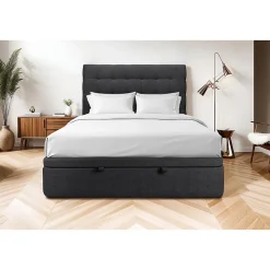 Sommeil De Plomb Lit coffre 140x190cm avec tête de lit capitonnée Tissu Noir - Hauteur totale : 39cm Best