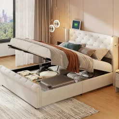 Simple Life Lit coffre 140x190cm avec tête de lit, liseuse avec chargement USB, sommier à lattes, cadre de lit