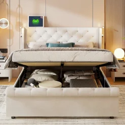 Simple Life Lit coffre 140x190cm avec tête de lit, liseuse avec chargement USB, sommier à lattes, cadre de lit