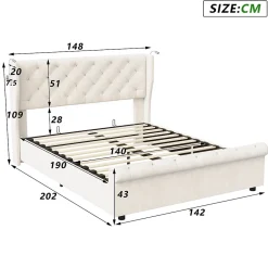 Simple Life Lit coffre 140x190cm avec tête de lit, liseuse avec chargement USB, sommier à lattes, cadre de lit