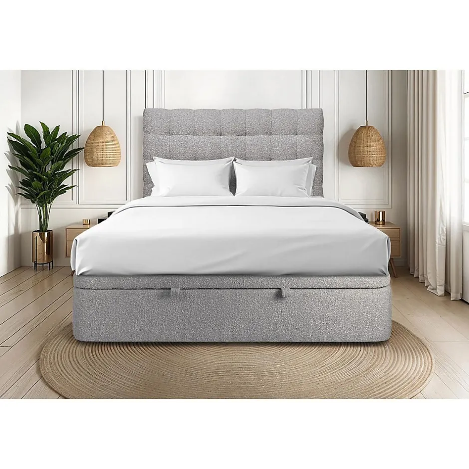 Sommeil De Plomb Lit coffre 200x200cm avec tête de lit capitonnée Bouclette Gris - Hauteur totale : 39cm
