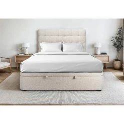 Sommeil De Plomb Lit coffre 200x200cm avec tête de lit capitonnée Bouclette Beige - Hauteur totale : 39cm