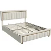 Fortuna lai Lit coffre 140x190cm avec tête de lit capitonnée, sommier à lattes, velours, finitions dorées, beige