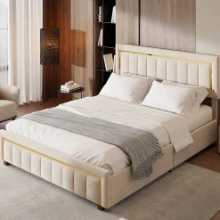 Fortuna lai Lit coffre 140x190cm avec tête de lit capitonnée, sommier à lattes, velours, finitions dorées, beige