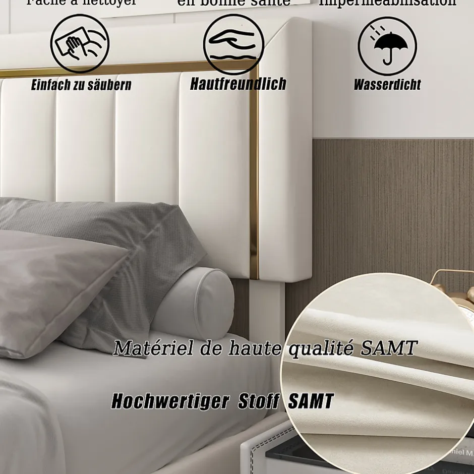 Fortuna lai Lit coffre 140x190cm avec tête de lit capitonnée, sommier à lattes, velours, finitions dorées, beige