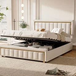 Fortuna lai Lit coffre 140x190cm avec tête de lit capitonnée, sommier à lattes, velours, finitions dorées, beige