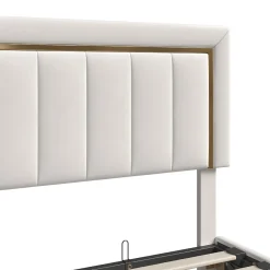 Fortuna lai Lit coffre 140x190cm avec tête de lit capitonnée, sommier à lattes, velours, finitions dorées, beige