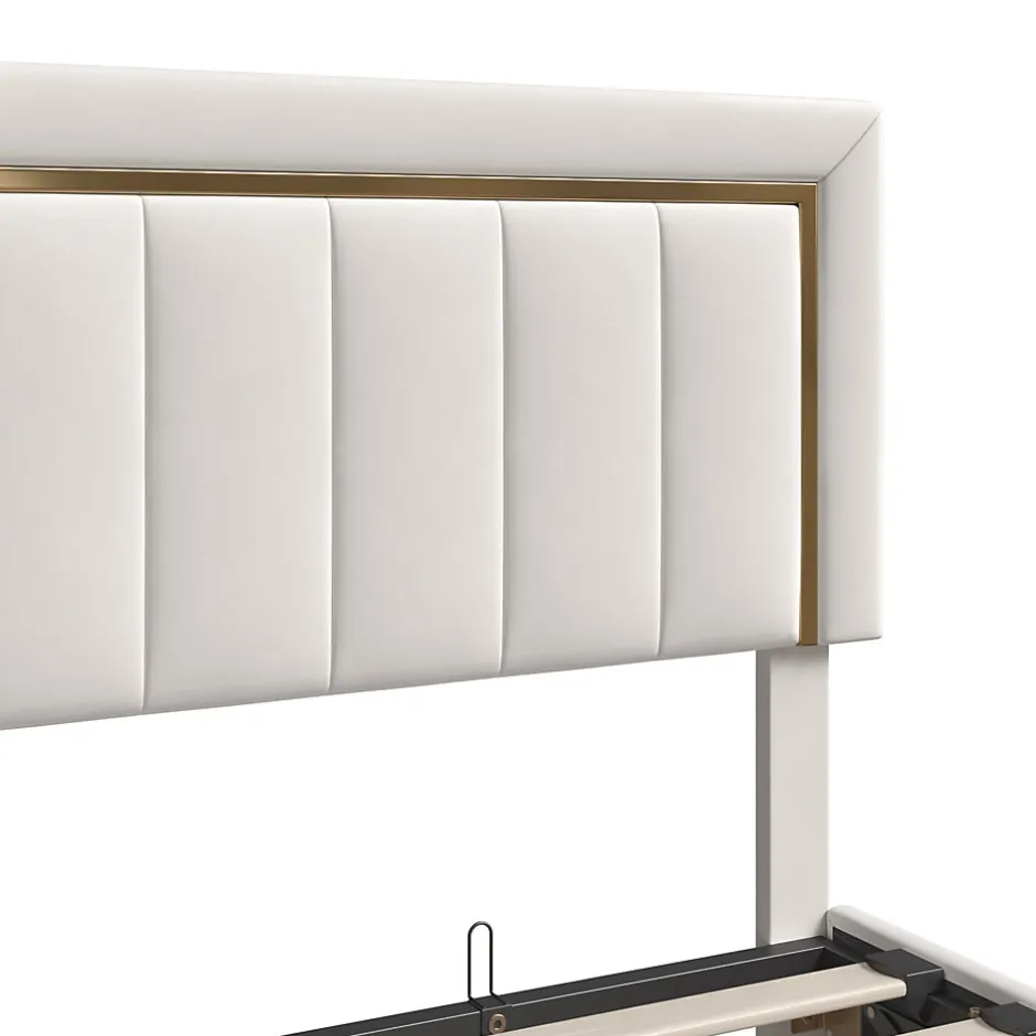 Fortuna lai Lit coffre 140x190cm avec tête de lit capitonnée, sommier à lattes, velours, finitions dorées, beige