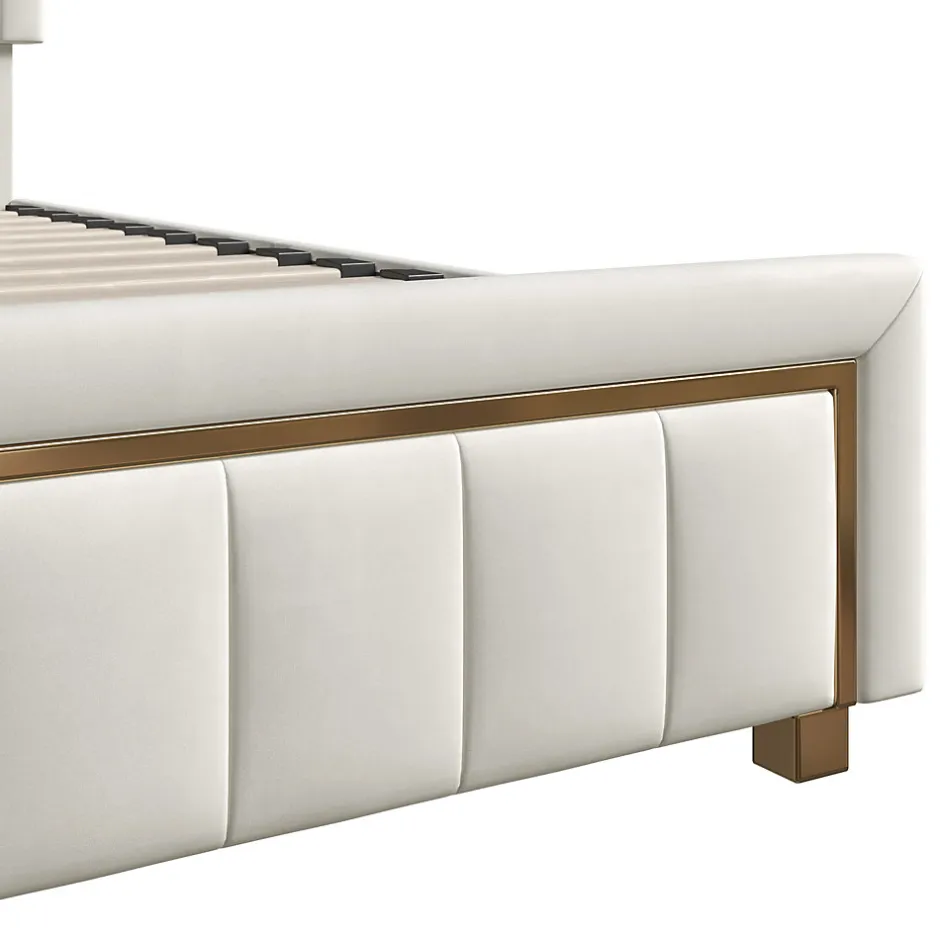 Fortuna lai Lit coffre 140x190cm avec tête de lit capitonnée, sommier à lattes, velours, finitions dorées, beige
