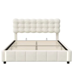 Fortuna lai Lit Coffre 160x200cm, Cadre De Lit Rembourré Avec Éclairage LED Et Sommier à Lattes, Velours Beige