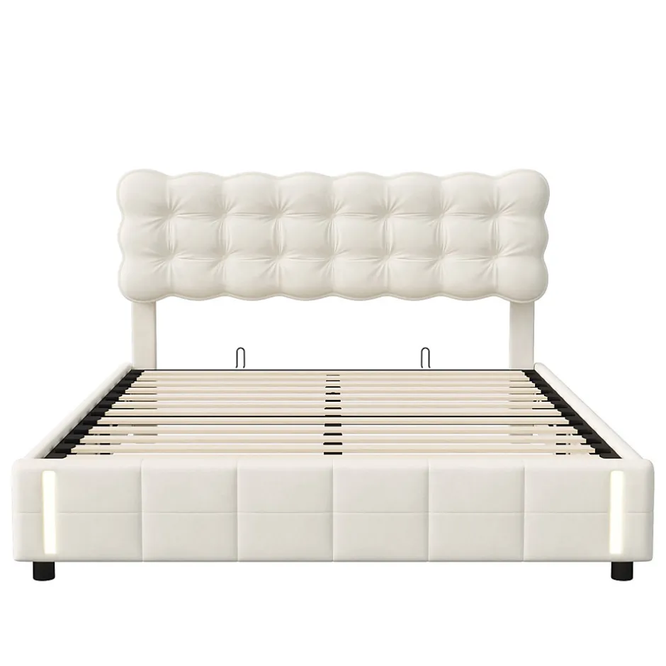 Fortuna lai Lit Coffre 160x200cm, Cadre De Lit Rembourré Avec Éclairage LED Et Sommier à Lattes, Velours Beige