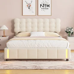Fortuna lai Lit Coffre 160x200cm, Cadre De Lit Rembourré Avec Éclairage LED Et Sommier à Lattes, Velours Beige