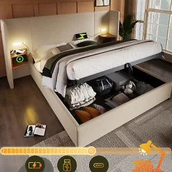 ModernLuxe Lit coffre 180x200cm en lin - 2 tables de chavet avec liseuse - avec sommier à lattes - Beige