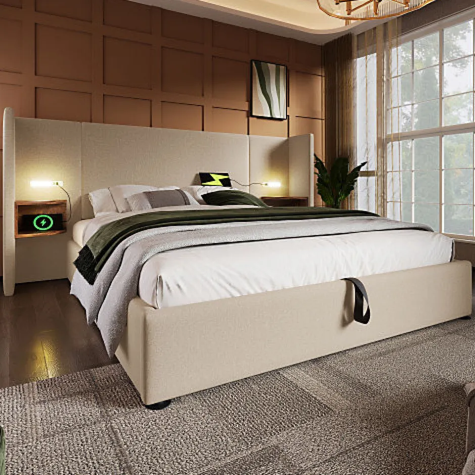 ModernLuxe Lit coffre 180x200cm en lin - 2 tables de chavet avec liseuse - avec sommier à lattes - Beige