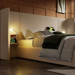 ModernLuxe Lit coffre 180x200cm en lin - 2 tables de chavet avec liseuse - avec sommier à lattes - Beige