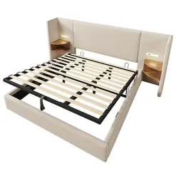 ModernLuxe Lit coffre 180x200cm en lin - 2 tables de chavet avec liseuse - avec sommier à lattes - Beige