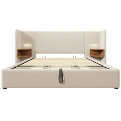 ModernLuxe Lit coffre 180x200cm en lin - 2 tables de chavet avec liseuse - avec sommier à lattes - Beige