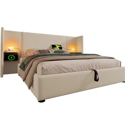 ModernLuxe Lit coffre 180x200cm en lin - 2 tables de chavet avec liseuse - avec sommier à lattes - Beige