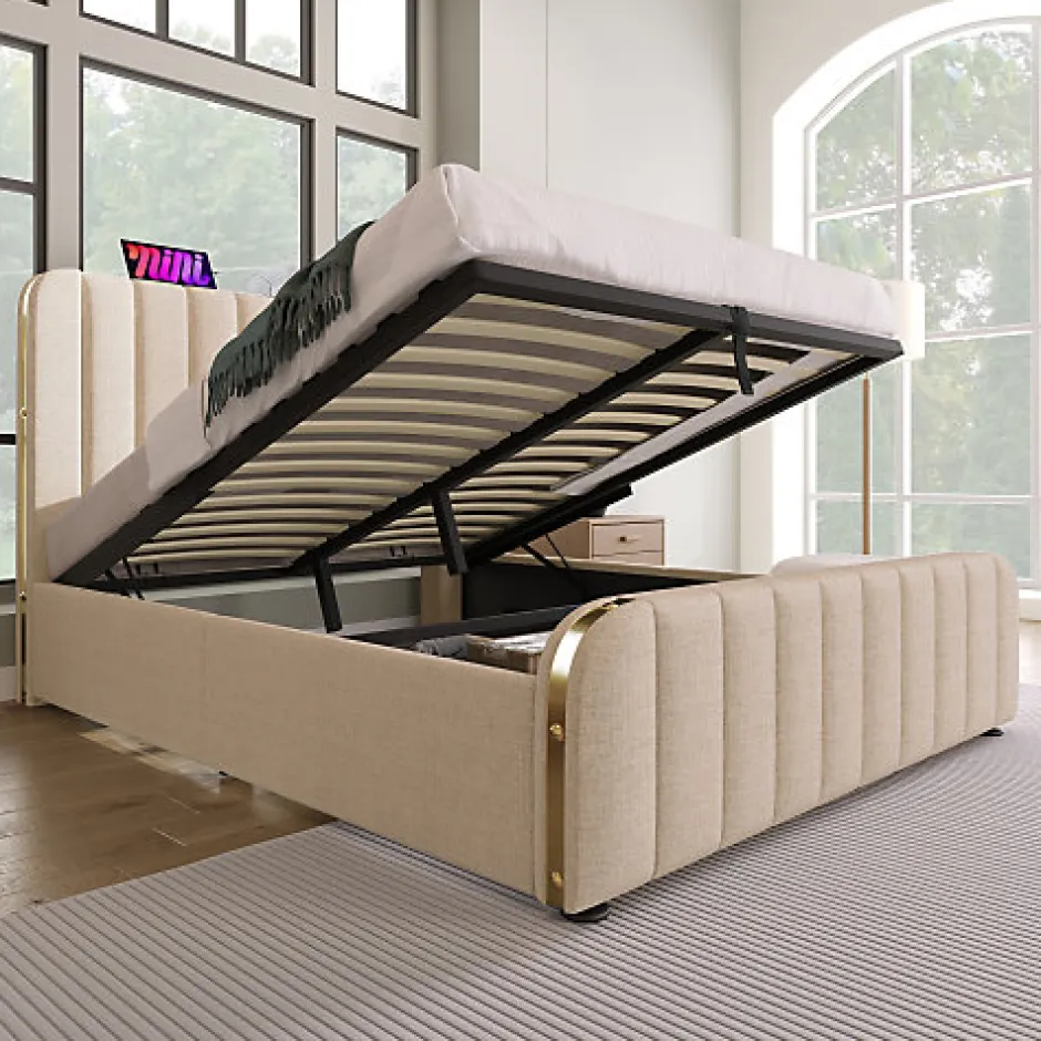 ModernLuxe Lit coffre 140x200cm en tissu lin - avec recharge USB+Type-C - décoré de bandes dorées - Beige