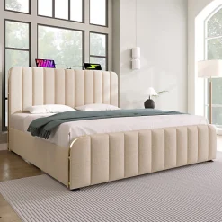 ModernLuxe Lit coffre 140x200cm en tissu lin - avec recharge USB+Type-C - décoré de bandes dorées - Beige